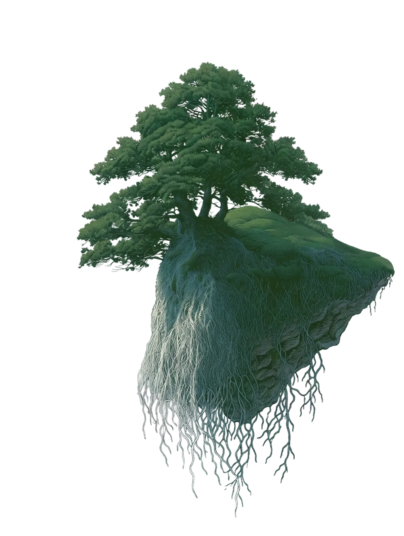 A tree on a floating cliff, roots hanging from the rock