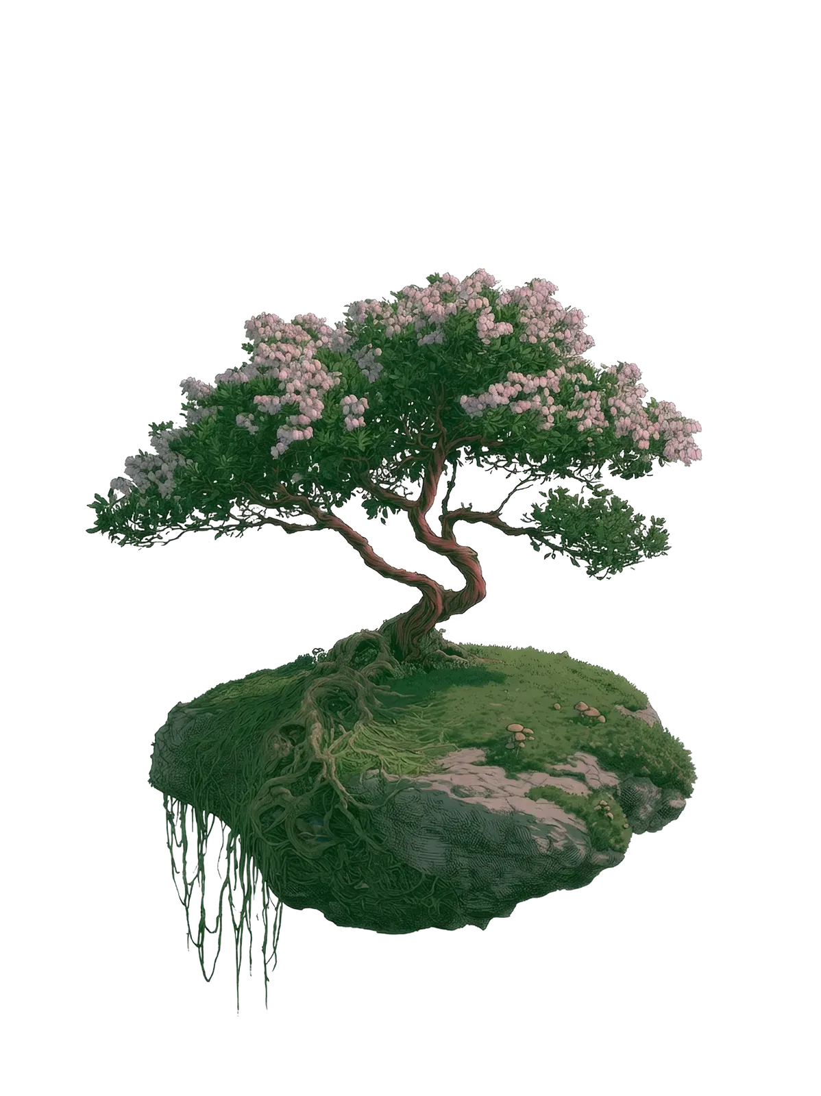 A flowering bonsai on a floating island, its roots trailing below
