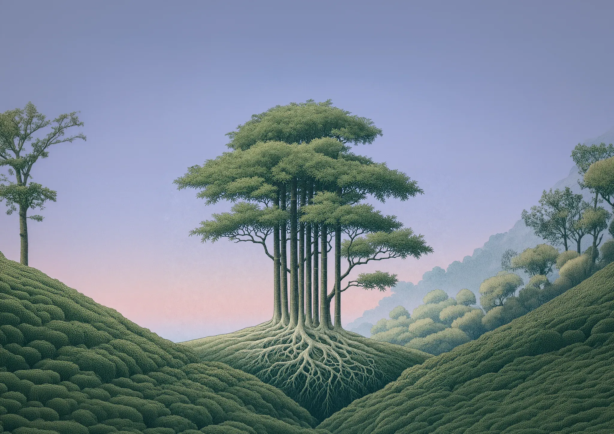 A grove of tall trees rising from a green valley at dusk