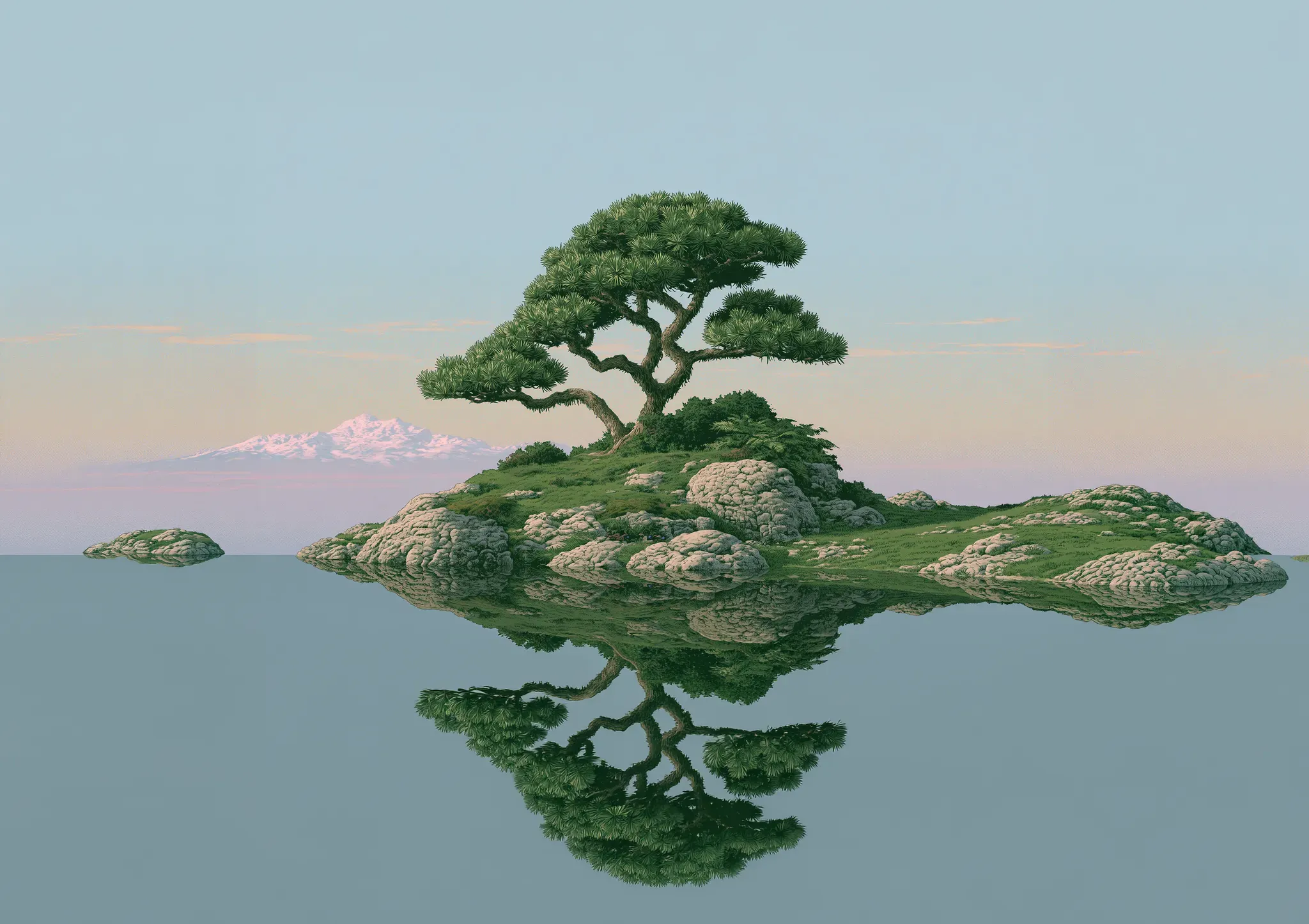 A lone tree on a small island, mirrored in a still lake