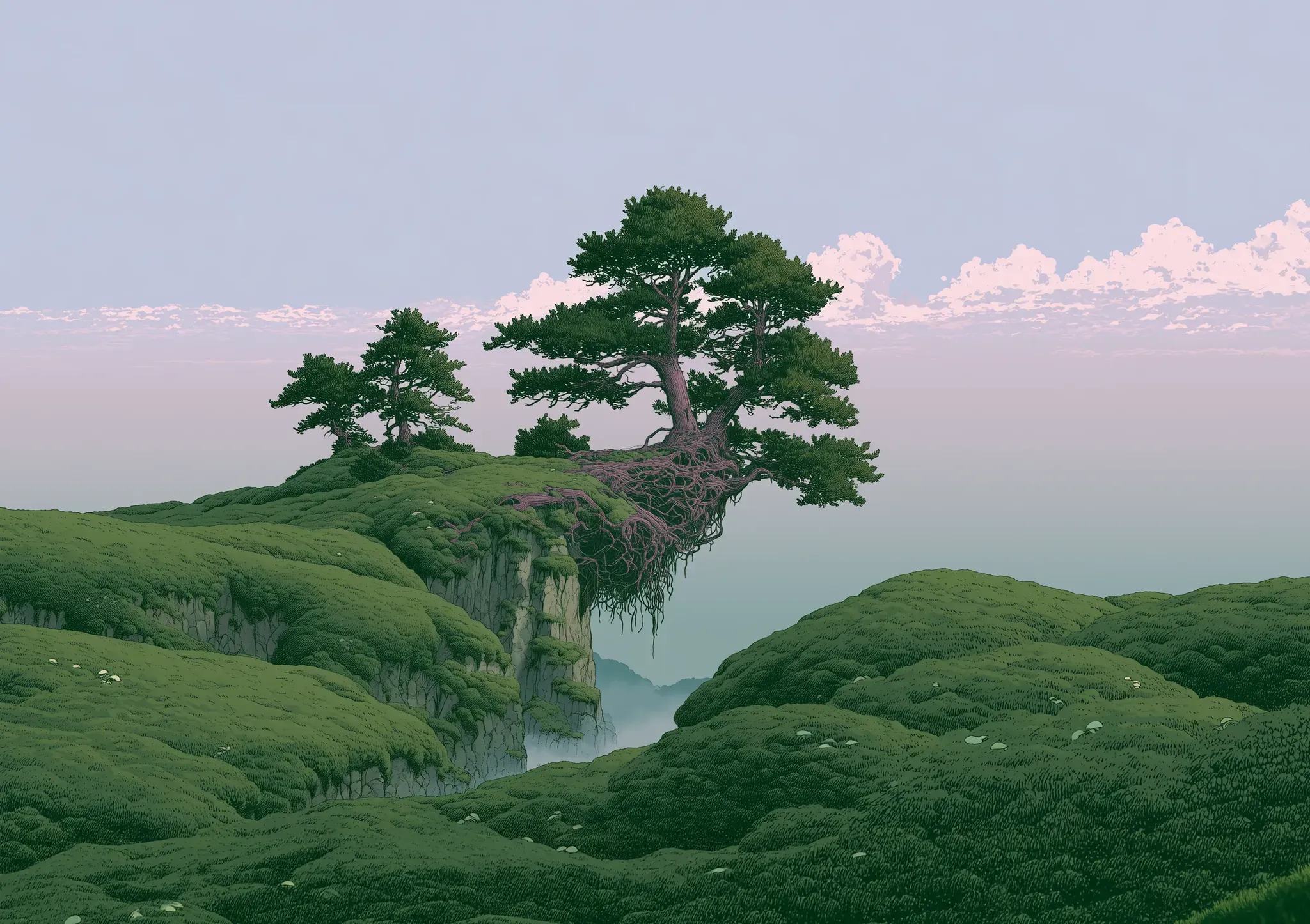 Trees on a ridge above a misty valley