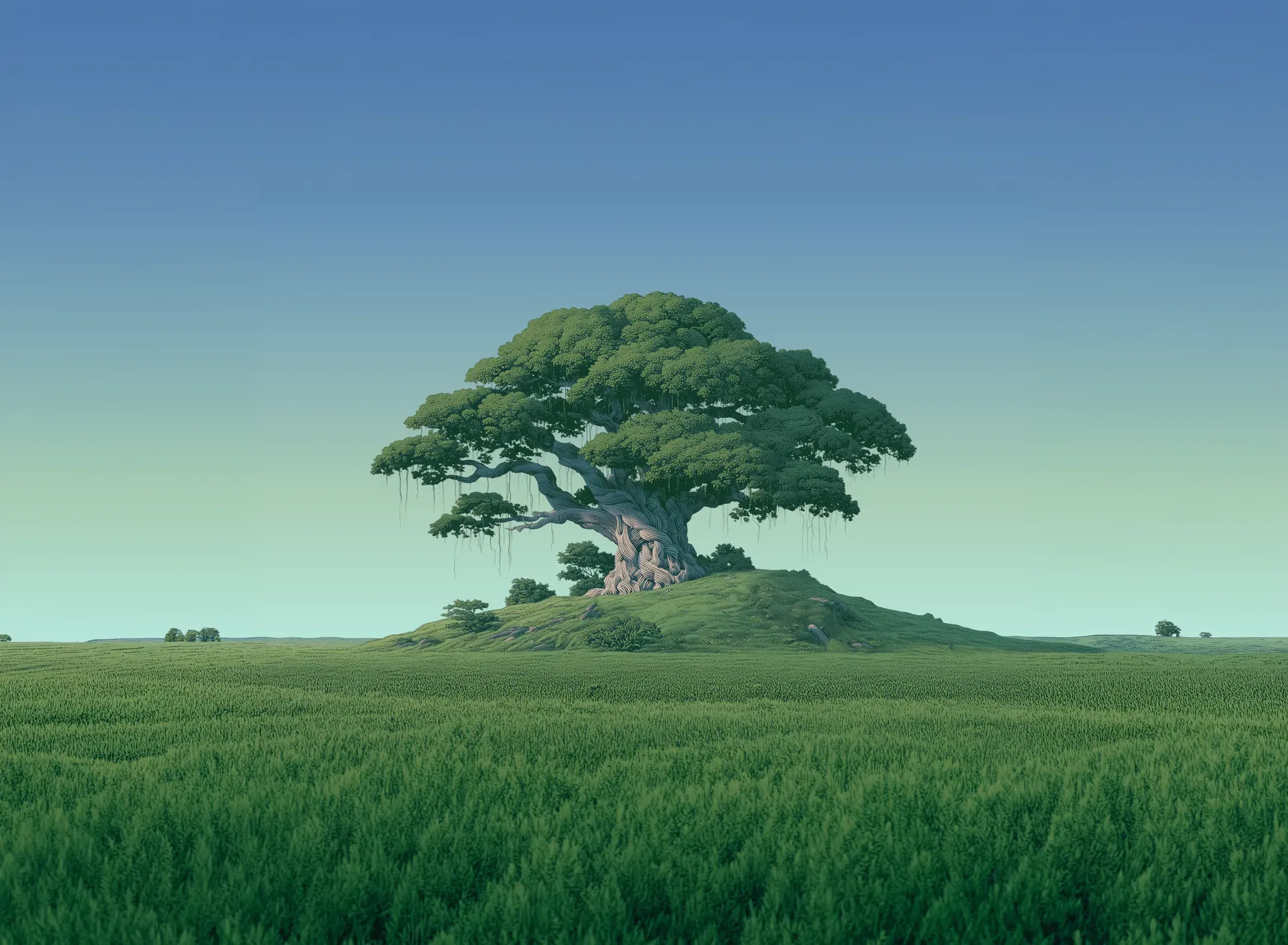 An old tree on a grassy rise under a clear blue sky