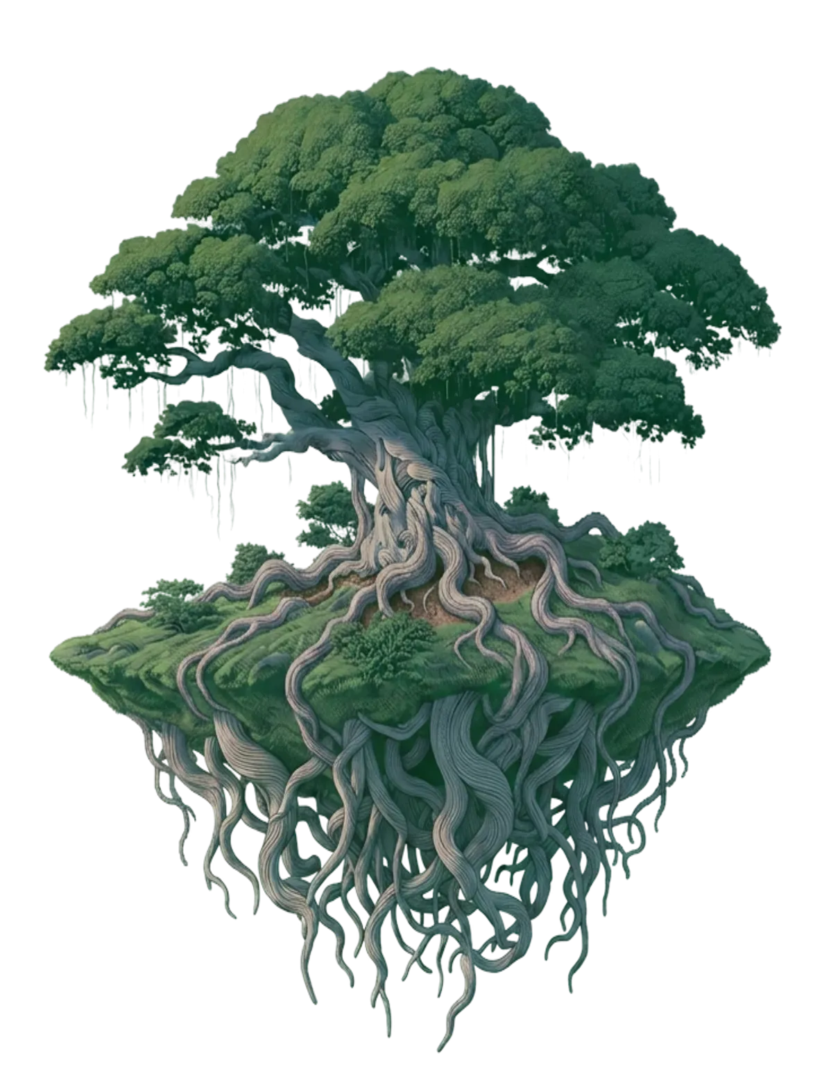 A great tree on a floating island, its roots spilling over the edge